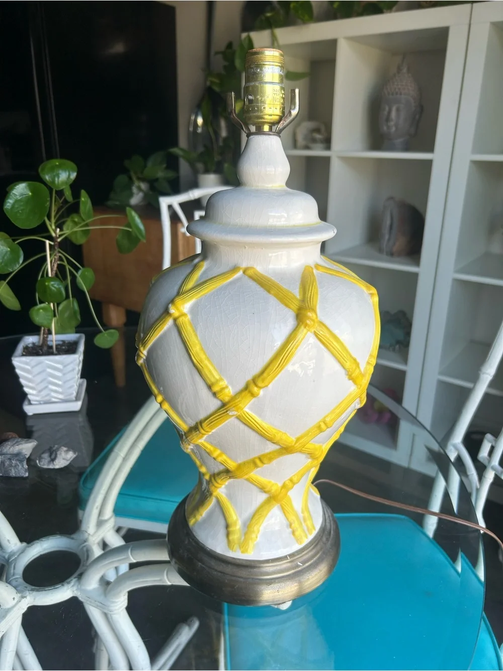 Ceramic Hollywood Regency Table Lamp with Yellow Lattice Accent